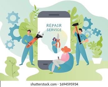 Reparar ilustración vectorial de concepto de aplicación de servicio. Caricaturista diminuta gente trabajadora con herramientas, personaje de mujer usando una aplicación en línea en smartphone para asistencia técnica móvil, llamar técnico
