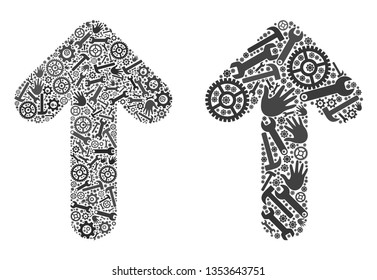 Repair service arrow up icon collage of tools. Abstract vector arrow up symbol is shaped of gearwheels, hands, hammers and spanners. Concept of maintenance job.