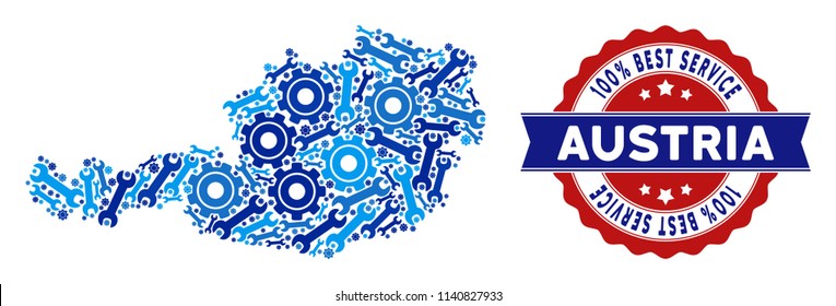 Repair service Austria map mosaic of service tools. Abstract territory plan in blue colors and best service award. Vector Austria map is designed of gearwheels and wrenches.