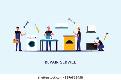 Repair Service Banner - Home Appliance Repairing By Cartoon Worker Team. Flat Vector Illustration Of Repairmen Using Handyman Equipment To Fix Broken Electronics.