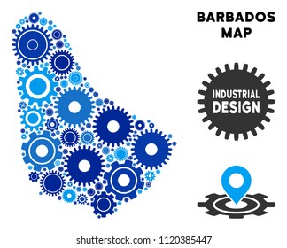 Repair Service Barbados map collage of gears. Abstract territory scheme in blue color tones. Vector Barbados map is formed from cogwheels. Concept of technician service.