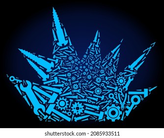 Reparar la composición de explosión del boom del servicio de herramientas de servicio en un fondo de degradado azul oscuro. La explosión de la pluma vectorial se crea con ruedas de engranajes azules, palangreros y otras herramientas,