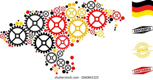 Repair service Cantabria Province map mosaic and seals. Vector collage is created with repair service icons in variable sizes, and Germany flag official colors - red, yellow, black.