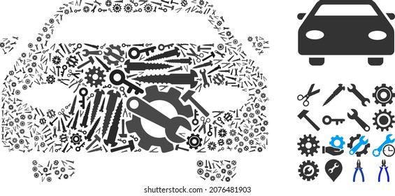 Repair service car mosaic of service tools. Vector car is made of cogwheels, spanners, and other tools, and based on car icon. Abstraction of maintenance work.