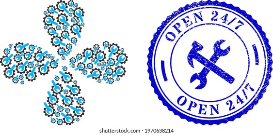 Repair service centrifugal flower with four petals, and blue round OPEN 24 - 7 textured stamp print with icon inside. Object twist created from oriented repair service items.