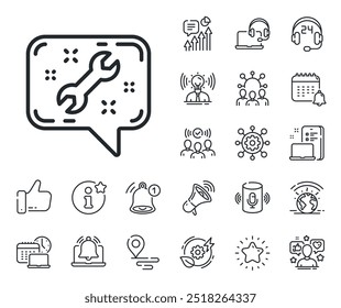 Reparar el signo de chat del servicio. Coloque los iconos de ubicación, tecnología y contorno de altavoz inteligente. Icono de línea de herramienta de llave inglesa. Corregir símbolo de instrumentos. Señal de línea de llave. Influencer, icono de embajador de marca. Vector