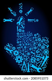 Repair service click collage of service tools on a dark blue gradient background. Vector click is created of blue gears, wrenches, and other tools, and based on click icon. Concept of technician work.