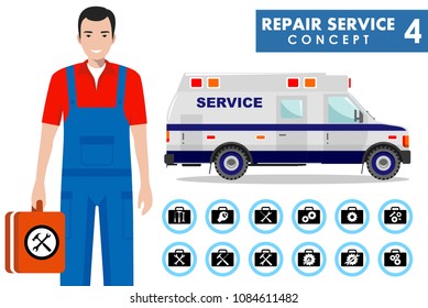 Repair service concept. Detailed illustration of service machine and master repairer in flat style. Simple icons set: wrench, screwdriver, hammer and gear. Services icon or button on white background.