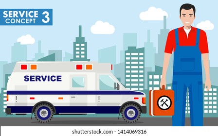 Repair service concept. Detailed illustration of service machine and master repairer on background with cityscape in flat style. Vector illustration.