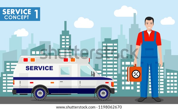Repair service concept. Detailed\
illustration of service machine and master repairer on background\
with cityscape in flat style. Vector\
illustration.