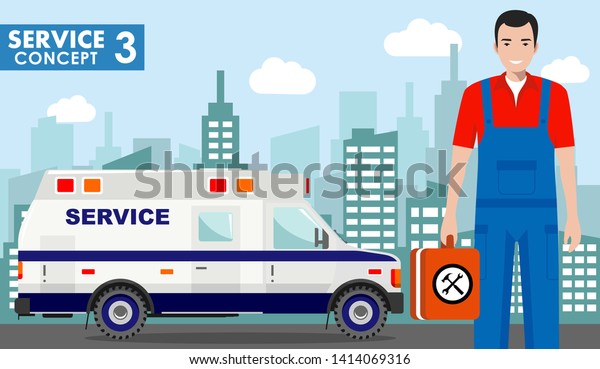 Repair service concept. Detailed\
illustration of service machine and master repairer on background\
with cityscape in flat style. Vector\
illustration.