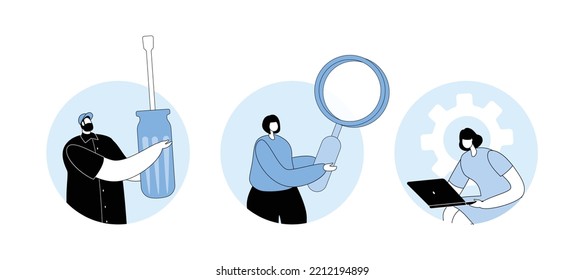 Repair Service Concept. Man Hold Huge Screwdriver, Women with Magnifier, Laptop and Gear. Fixing or Assembling Computer Technique or Smartphone. Characters with Instrument. Cartoon Vector Illustration