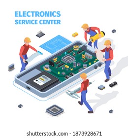 Repair service concept. People making repair at motherboard of smartphones or laptop workers fixed bugs and electronic problems vector isometric