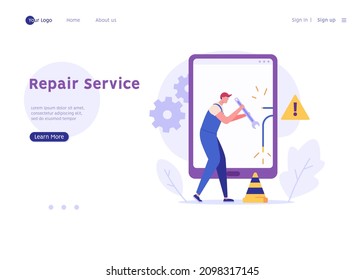 Repair service concept. Repairman fixing phone using maintenance with warning sign. Man with spanner repairing mobile hardware. System error. Vector illustration for web design, landing page