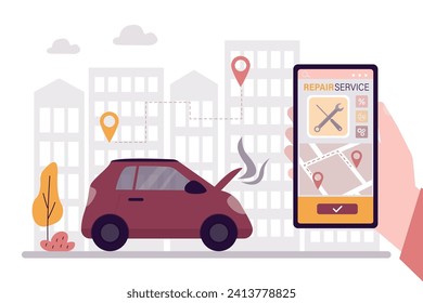 Concepto de servicio de reparación. Hay un coche roto en la ciudad. Mano mantiene el teléfono móvil con el signo de pin para la ubicación de los servicios. Smartphone con aplicación de mapa. Dibujo vectorial plano de dibujos animados