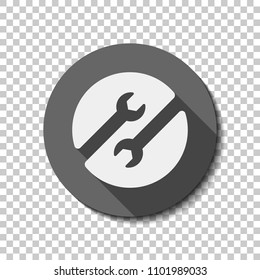 Repair service, couple of wrench in circle. flat icon, long shadow, circle, transparent grid. Badge or sticker style