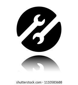 Repair service, couple of wrench in circle. Black icon with mirror reflection on white background