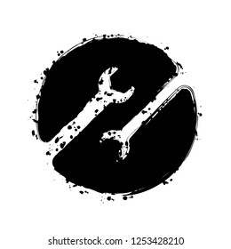 Repair service, couple of wrench in circle. Black ink with splashes on white background