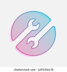 Repair service, couple of wrench in circle. Colored logo with diagonal lines and blue-red gradient. Neon graphic, light effect