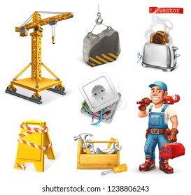 Repair and service. Crane, socket, tools, worker. 3d vector icon set