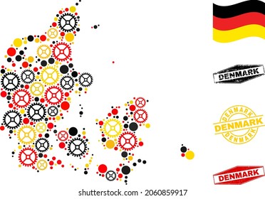 Servicio de reparación de mapas de Dinamarca composición y sellos. Collage vectorial formado con elementos de servicio en tamaños variables, y los colores oficiales de la bandera alemana - rojo, amarillo, negro.
