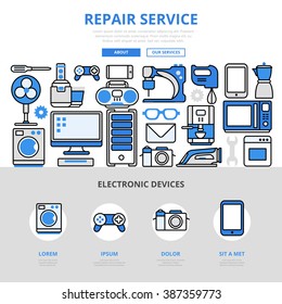 Repair service electronic home kitchen computer device fix business concept flat line art vector icons. Modern website infographics illustration hero image web banner. Lineart collection.