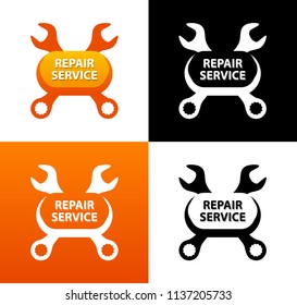 Repair Service, Emblem with crest of Wrenches. Vector Logo isolated on white, orange and black background.