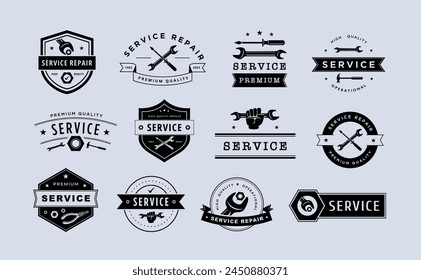 Repair service emblem. Vintage mechanic badges and workshop labels, maintenance company templates vector set of service mechanic vintage illustration