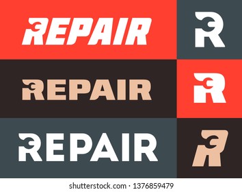 Repair Service Fix Inscription Emblem. Letter R Wrench Logo Design Template Set. Creative Concept.