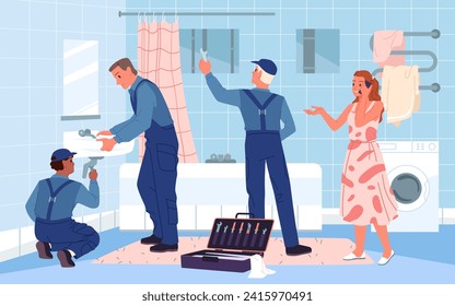 Repair service for fixing bathroom equipment and plumbing systems. Installation of sink by team of technicians in home interior, handyman in uniform working with wrench cartoon vector illustration