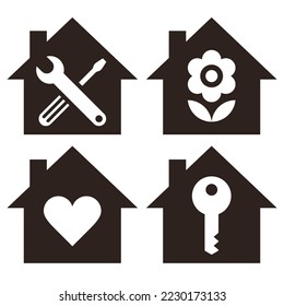 Repair Service, Flower House, House icon and Key Service Icon isolated on white background