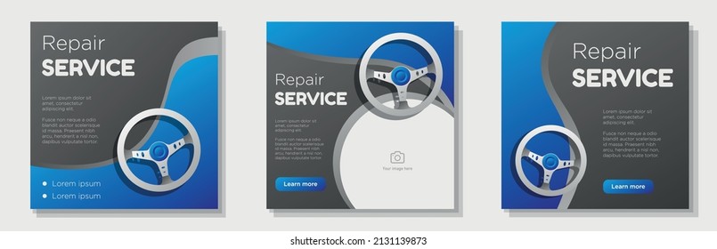 Repair service garage social media post, banner set, car automobile repairing advertisement concept, steering wheel marketing square ad, abstract print, isolated on background.