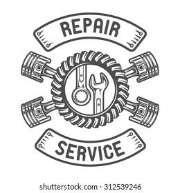 Repair Service. Gears, wrenches and pistons. Auto emblem.