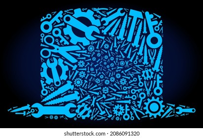 Repair service gentleman hat mosaic of service tools on a dark blue gradient background. Vector gentleman hat is designed of blue gears, wrenches, and other instruments,