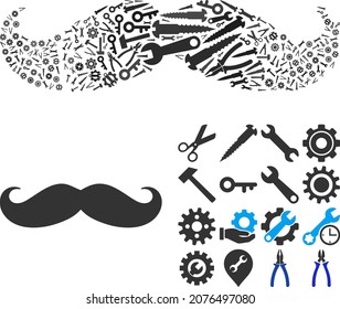 Repair service gentleman moustache collage of service tools. Vector gentleman moustache is shaped of cogwheels, spanners, and other tools, and based on gentleman moustache icon.