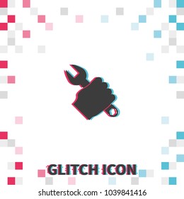 Repair service  glitch effect vector icon. Hand holding a wrench illustration.