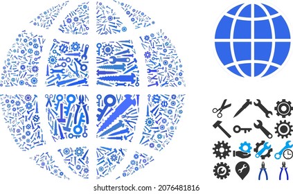 Repair service globe mosaic of tools. Vector globe is shaped of cogs, spanners, and other tools, and based on globe icon. Abstraction of technical service.