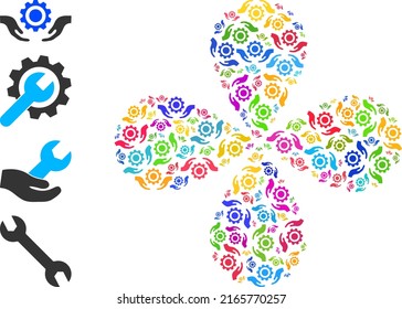 Repair service hands icon colorful rotation flower with four petals composition. Object flower with 4 petals combined from random repair service hands items. Vector flower icon collage in flat style.