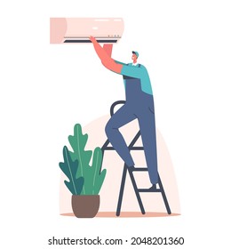 Repair Service Handyman Character Fixing Broken Conditioner at Home or Office. Husband for an Hour Fix Broken Technics Concept. Electrician Call Master at Work. Cartoon People Vector Illustration