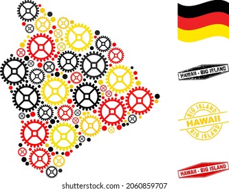 Repair service Hawaii Big Island map collage and stamps. Vector collage formed from service icons in different sizes, and German flag official colors - red, yellow, black.