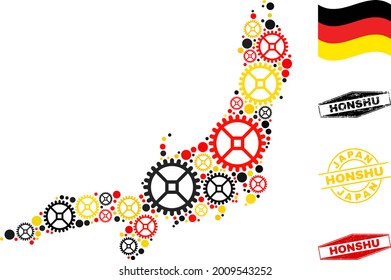 Repair service Honshu Island map composition and seals. Vector collage is composed with repair workshop elements in various sizes, and German flag official colors - red, yellow, black.