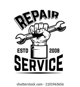 Repair service. Human hand with wrench. Design element for logo, label, emblem, sign. Vector image