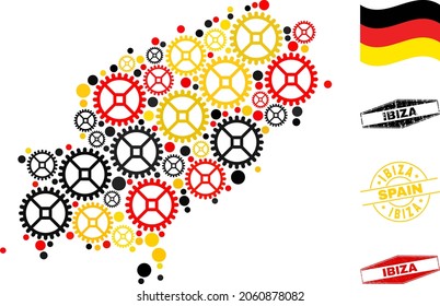 Repair service Ibiza Island map mosaic and stamps. Vector collage is designed with service icons in various sizes, and German flag official colors - red, yellow, black.