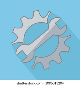 Repair service icon. Black cog and blue wrench icon concept. Repair logo on blue background with long shadow
