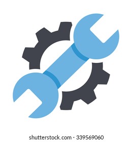 Repair service icon. Black cog and blue wrench icon concept. Repair logo. Vector Illustration. Creative graphic design logo element. Isolated on white background