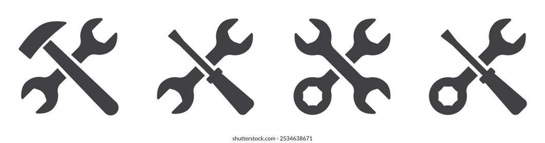 Conjunto de iconos de reparación y servicio. Llave inglesa, martillo, llave inglesa, destornillador. símbolos de herramientas de servicio. Vector