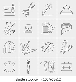 Repair service icons set. Collection of sewing tool elements: clothing, shoe, handbag repair for talor shop, atelier, sewing store. Sewing machine, scissors, needle, pillow, spool, iron, shoe, bag.