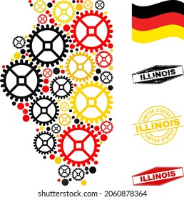Repair service Illinois State map collage and seals. Vector collage is created of service items in variable sizes, and Germany flag official colors - red, yellow, black.