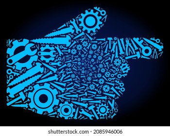 Repair service index finger composition of service tools on a dark blue gradient background. Vector index finger is organized of blue cogs, spanners, and other instruments,