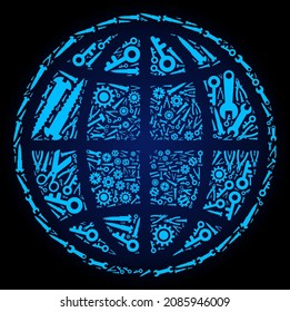 Repair service internet collage of service tools on a dark blue gradient background. Vector internet is constructed of blue gears, wrenches, and other tools, and based on internet icon.